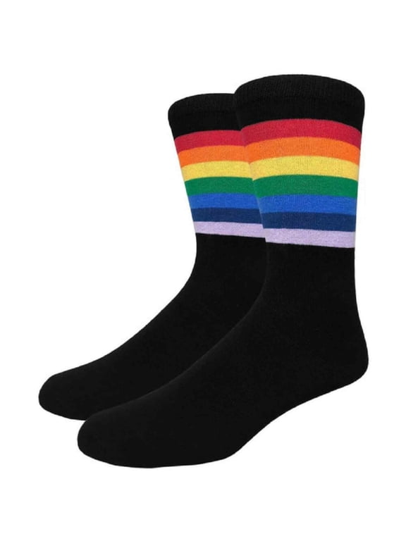 Men's Cotton Luxury Colorful Striped Casual Crew Dress Socks, Black / Rainbow, Size 8 to 13