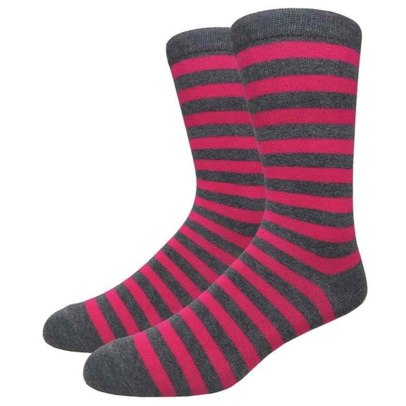Men's Cotton Luxury Colorful Striped Casual Crew Dress Socks, Charcoal / Hot Pink, Size 8 to 13
