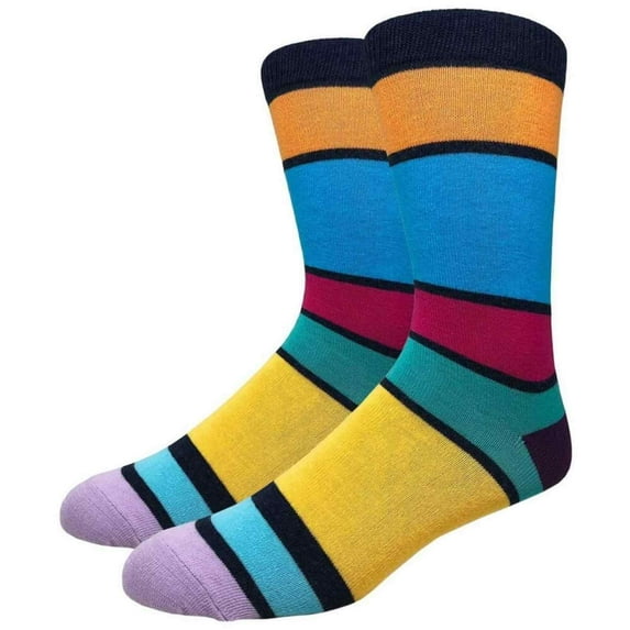 Men's Cotton Luxury Colorful Striped Casual Crew Dress Socks, Heather Navy / Orange / Sky etc.., Size 8 to 13