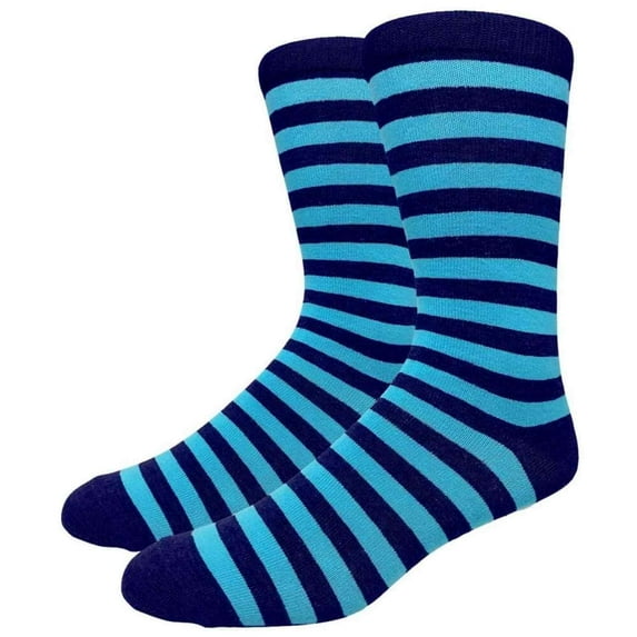 Men's Cotton Luxury Colorful Striped Casual Crew Dress Socks, Navy / Teal, Size 8 to 13