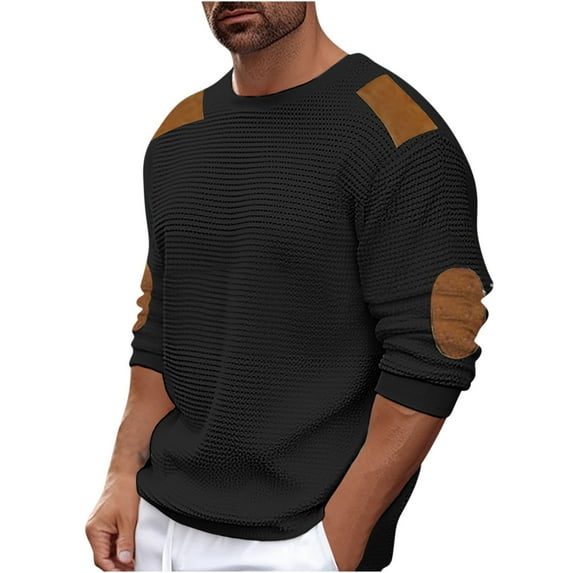 Men's Cotton Muscle Shirts Men's Knit Shirts Casual Crewneck Long Sleeve Patchwork Sweater Pullover Lightweight Fashion Sweatshirts with Elbow Patches Vintage T-Shirt Comfort Tee Top