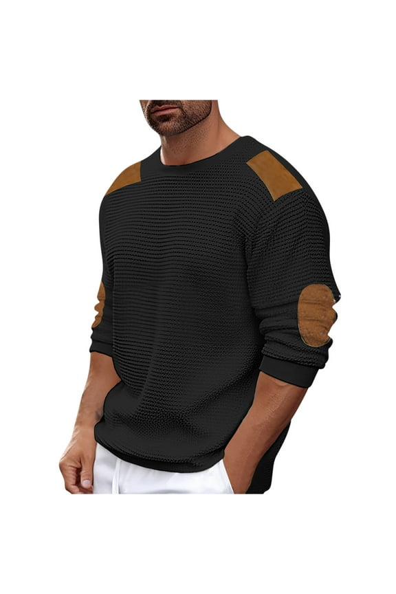 Men's Cotton Muscle Shirts Men's Knit Shirts Casual Crewneck Long Sleeve Patchwork Sweater Pullover Lightweight Fashion Sweatshirts with Elbow Patches Vintage T-Shirt Comfort Tee Top