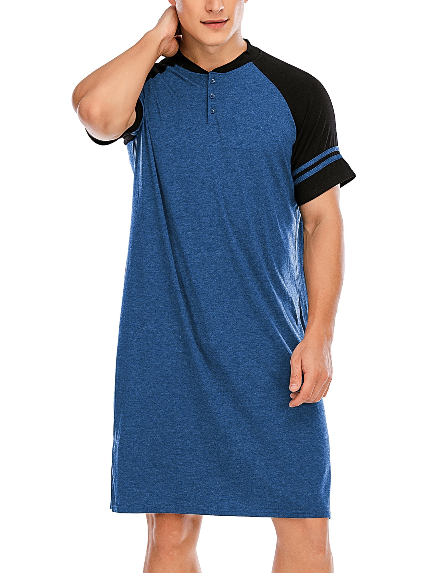 Men s Cotton Night Sleep Shirts Comfy Long Sleeve Mid Length