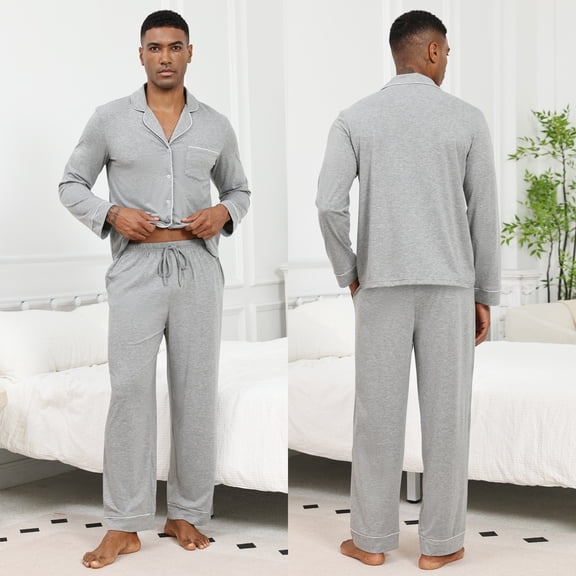 Mens Breathable Jersey Cotton Pajama Set - Button Down Soft Long Sleeve Sleepwear with Side Pockets, Relaxed Fit (Gray,L)