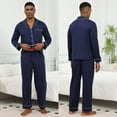 thumbnail image 1 of Mens Breathable Jersey Cotton Pajama Set - Button Down Soft Long Sleeve Sleepwear with Side Pockets, Relaxed Fit (Navy Blue,S), 1 of 10