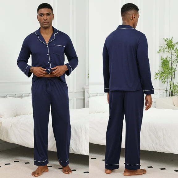 Mens Breathable Jersey Cotton Pajama Set - Button Down Soft Long Sleeve Sleepwear with Side Pockets, Relaxed Fit (Navy Blue,XL)