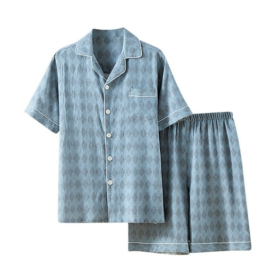 Men’s Cotton Pajama Set – Summer Short Sleeve Button-Down Loungewear with Geometric Design (Breathable, Skin-Friendly Sleepwear for All Body Types)