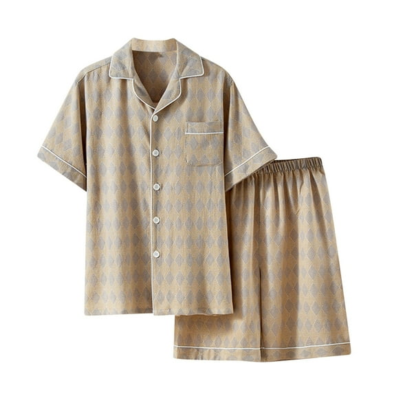 Men’s Cotton Pajama Set – Summer Short Sleeve Button-Down Loungewear with Geometric Design (Breathable, Skin-Friendly Sleepwear for All Body Types)