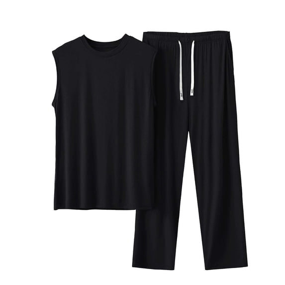 Men's Cotton Pajamas Set Soft Sleeveless Tank Top & Wide Leg Pant Lightweight Cozy Summer Pjs Sleepwear (XL, Black)