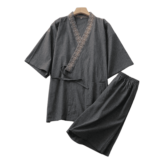 Men’s Cotton Patchwork Hanfu Pajama Set, Short Sleeve and Shorts, Lightweight Summer Home and Spa Wear