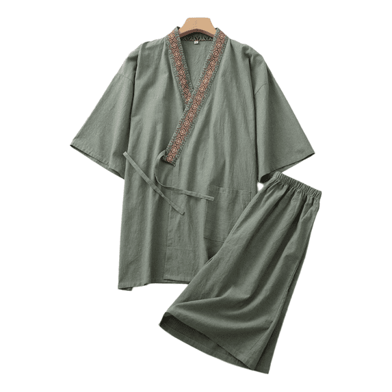 Men’s Cotton Patchwork Hanfu Pajama Set, Short Sleeve and Shorts, Lightweight Summer Home and Spa Wear