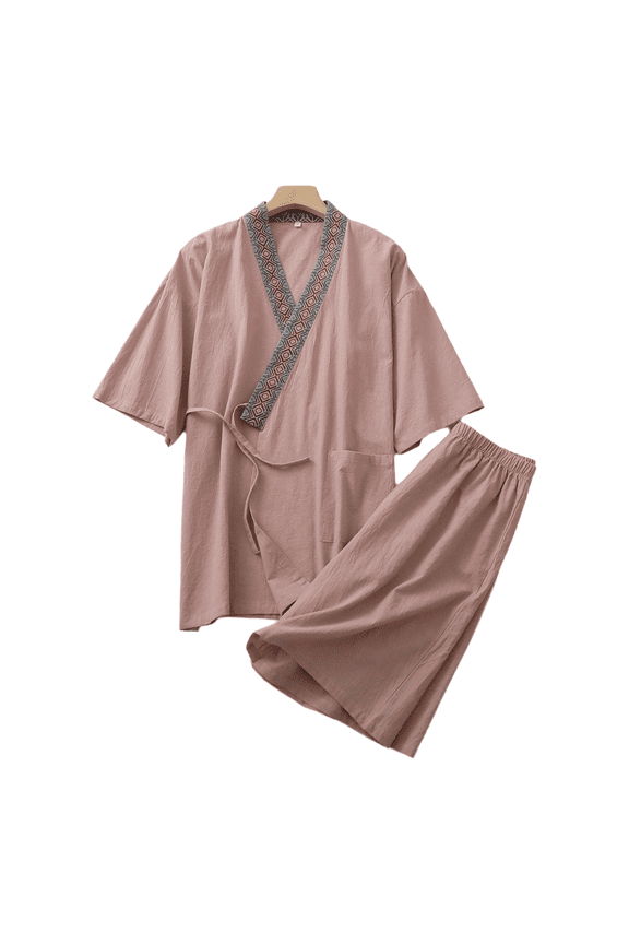 Men’s Cotton Patchwork Hanfu Pajama Set, Short Sleeve and Shorts, Lightweight Summer Home and Spa Wear