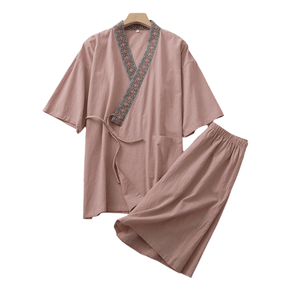 Men’s Cotton Patchwork Hanfu Pajama Set, Short Sleeve and Shorts, Lightweight Summer Home and Spa Wear