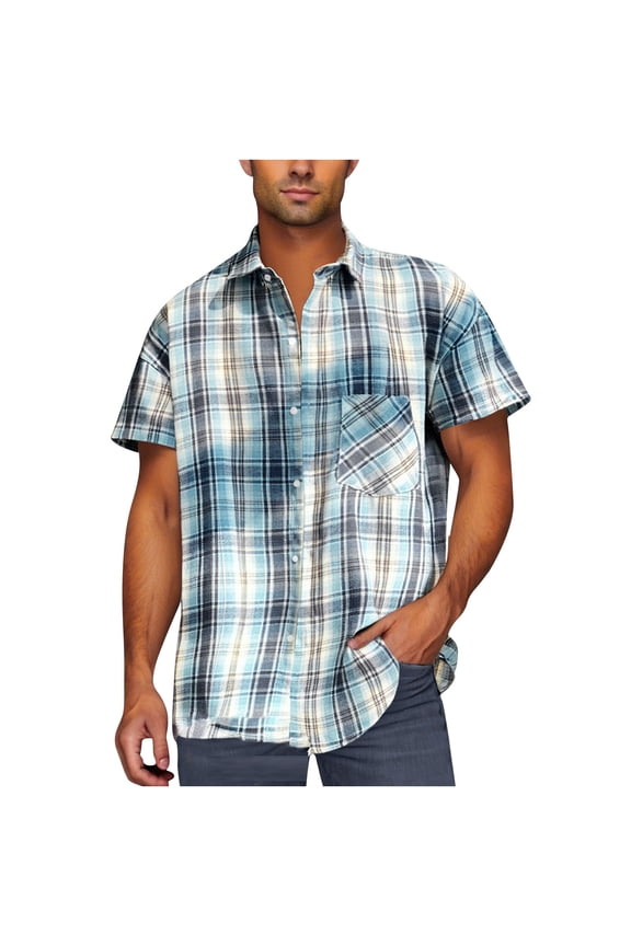 Men's Cotton Plaid Button Down Shirts with Short Sleeve, Men’s Button Front Shirt with Double Pocket, Light Blue, Size L