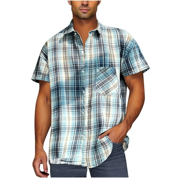 Men's Cotton Plaid Button Down Shirts with Short Sleeve, Men’s Button Front Shirt with Double Pocket, Light Blue, Size XXL