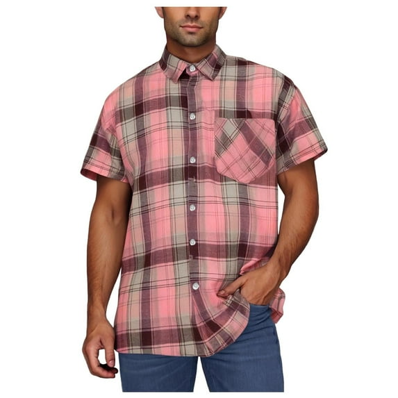 Men's Cotton Plaid Button Down Shirts with Short Sleeve, Men’s Button Front Shirt with Double Pocket, Pink, Size XXXL