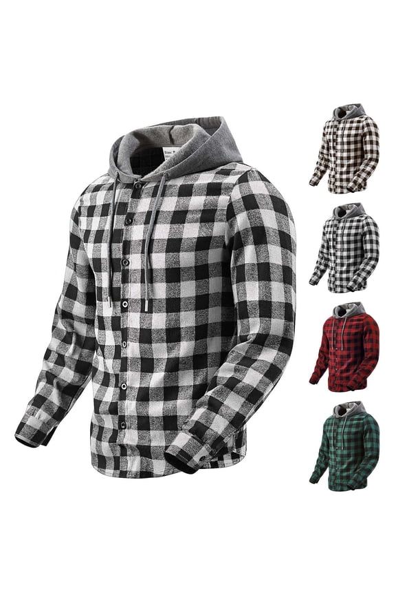 Men's Cotton Plaid Hooded Flannel Shacket Button Down Long Sleeve Shirts Checkered with Drawstring Hood for Fall Winter Daily Wear,L,Black