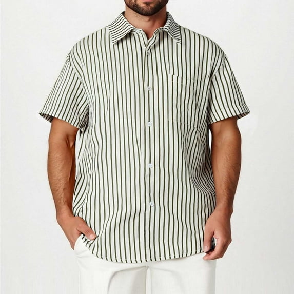 Men's Cotton Plaid Shirt with Short Sleeve, Men’s & Big Men’s Button Down Shirts with Double Pocket, Green-A, Size XXXL