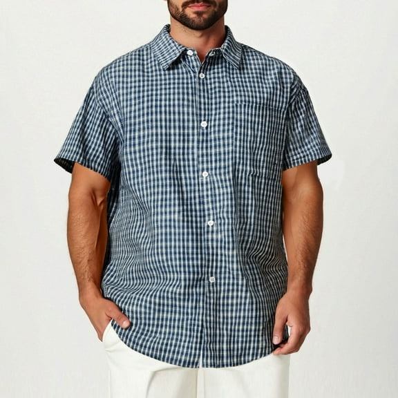 Men's Cotton Plaid Shirt with Short Sleeve, Men’s & Big Men’s Button Down Shirts with Double Pocket, Navy-A, Size XL