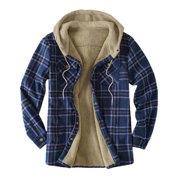 Men's Cotton Plaid Shirts Jacket Fleece Lined Flannel Shirts Sherpa Button Down Jackets with Hood for Men Dark Blue M