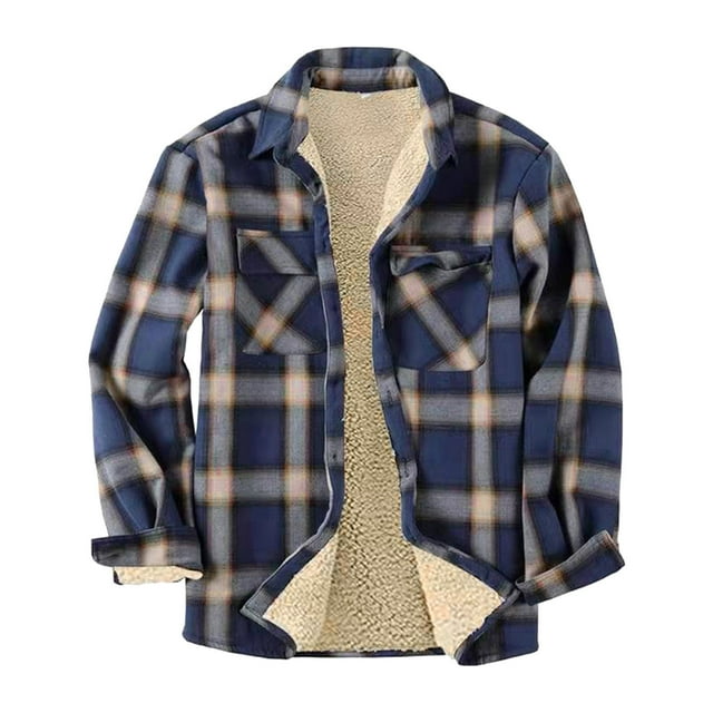 Qwertyu Men's Cotton Plaid Shirts Jacket Fleece Lined Flannel Shirts ...