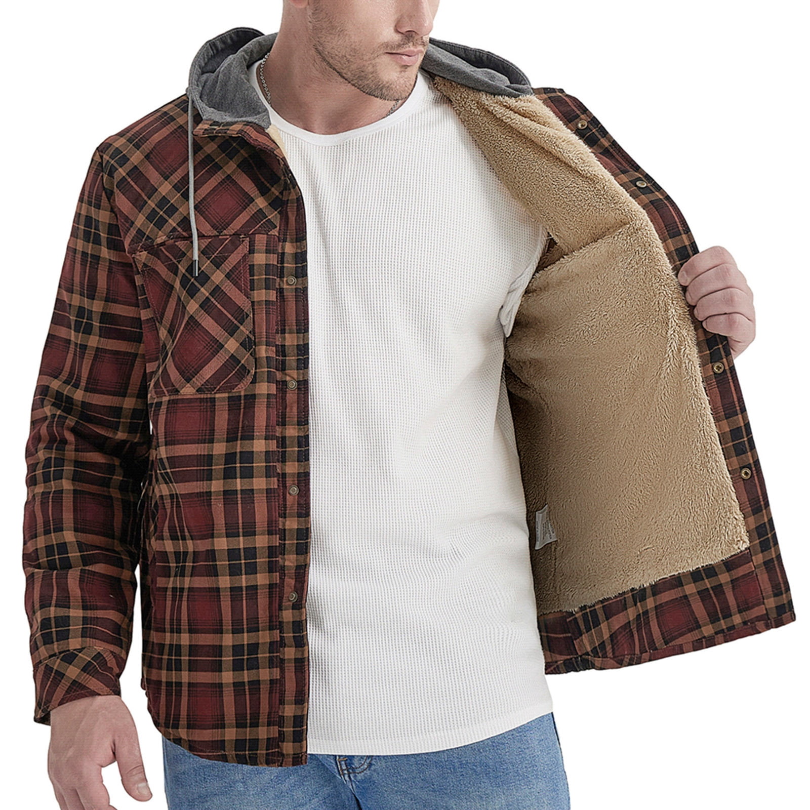 Men s Cotton Plaid Shirts Jacket Fleece Lined Sherpa Hoodie Flannel Shirts Jacket Lightweight Button Down Jackets Coats
