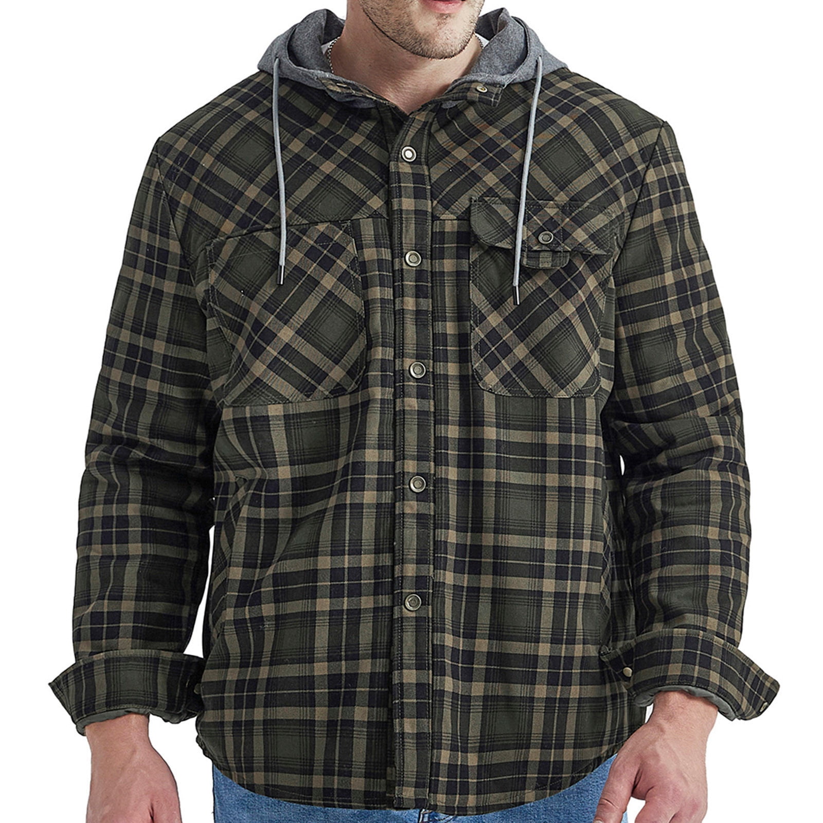 Men s Cotton Plaid Shirts Jacket Fleece Sherpa Lined Flannel Button Down Thick Hooded Sports Coat with Pockets XX Large Army Green Walmart