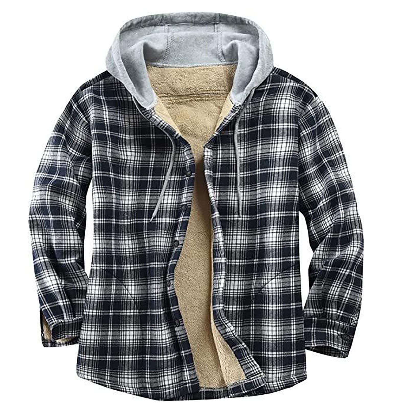 Men s Cotton Plaid Shirts Jacket Hooded Flannel Shirts Fleece Sherpa Lined Button Jackets with Hood for Men Walmart Business Supplies