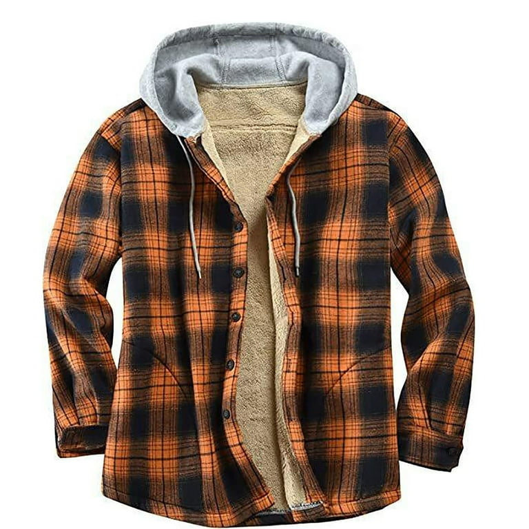 Men s Cotton Plaid Shirts Jacket Hooded Flannel Shirts Fleece Sherpa Lined Button Jackets with Hood for Men Walmart
