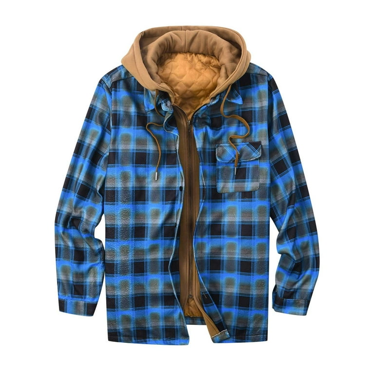Mens Thickened Zip Up Hoodies Warm Flannel Shirt Jackets Plus Size Casual  Sherpa Winter Plaid Fleece Lined Coat