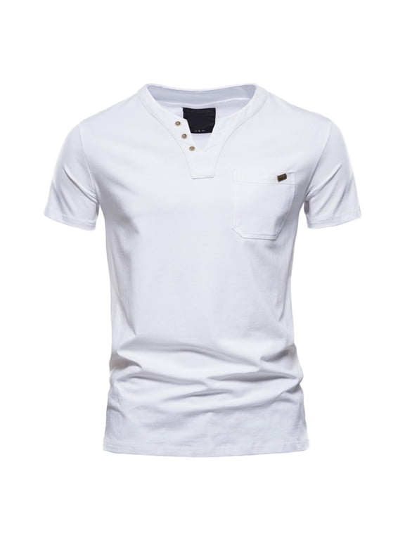 Men's Cotton Pocket T-Shirt V Neck Short Sleeved T Shirt Casual Versatile Undershirt