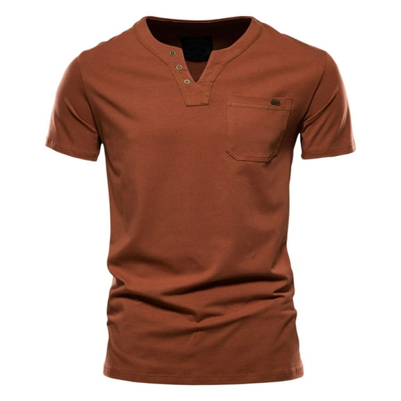 Men's Cotton Pocket T-Shirt V Neck Short Sleeved T Shirt Casual Versatile Undershirt