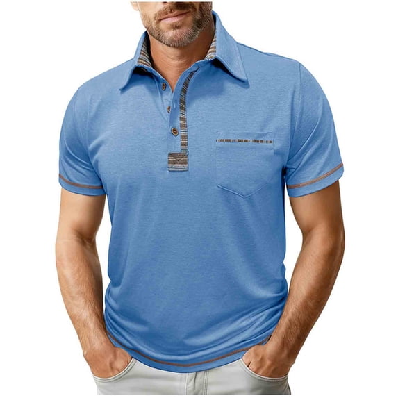 Men's Cotton Polo Shirts Short Sleeve Casual Summer Shirts Classic Collared Golf Shirt with Pocket Light Blue
