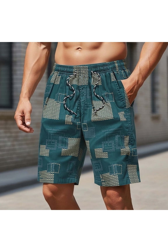 Men's Cotton Printed Fashion Casual Shorts, Elastic Drawstring Waist with Geometric Pattern, Everyday Wear Shorts for Men Beach Vacation Gym & Workout Shorts Multicolor A L