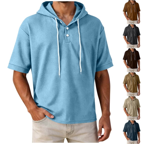 Men's Cotton Pullover Hooded Top Short Sleeve Casual Solid Color T-Shirt Hoodie Drawstring Loose Fit Summer Basic Streetwear Outfits Travel Essential | JASKFLY,Khaki M