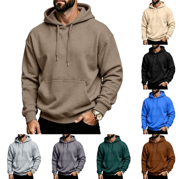 Men's Cotton Pullover Hoodie Sweatshirt Fall Winter Drawstring Long Sleeve Sweatshirt Casual adjustable drawstring hood With Kanga Pockets Camel L