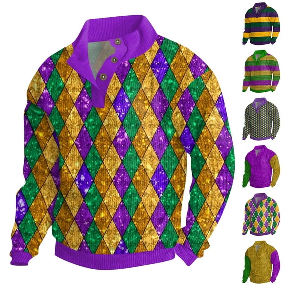 Men's Cotton Pullover Long Sleeve Outdoor Vintage Corduroy Button Stand Collar Shirt, Carnival Print Top for Party, Holiday Festivities and Casual Wear,Purple,2XL