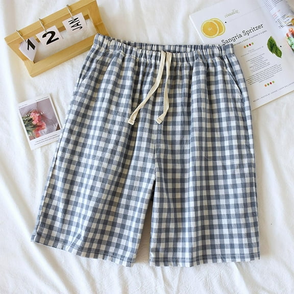 Men's Cotton Pyjama Lounge Shorts Checked Button Fly Pyjama Bottoms Blue L
