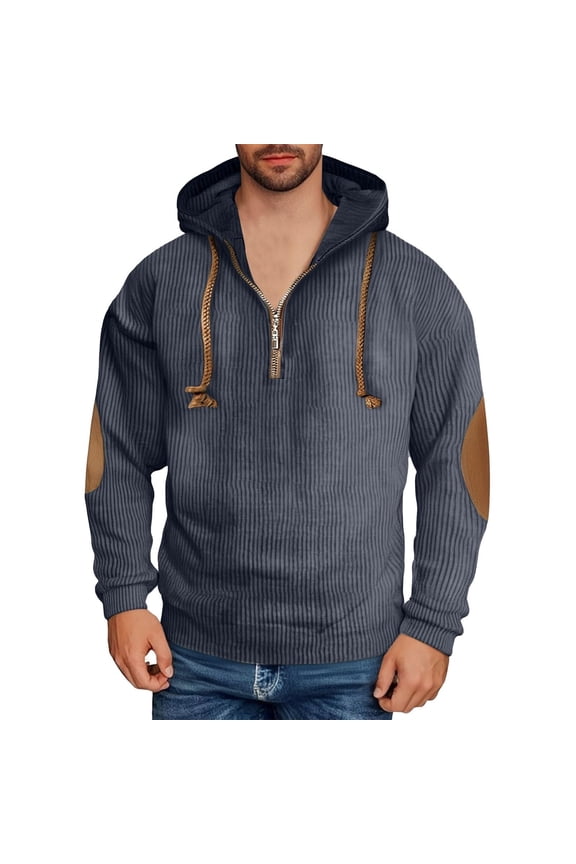 Men's Cotton Ribbed Knit Long Sleeve Hoodie Casual 1/4 Zip Drawstring Hooded Sweatshirts Elbow Patchwork Spring Summer Workout Jogging Pullover