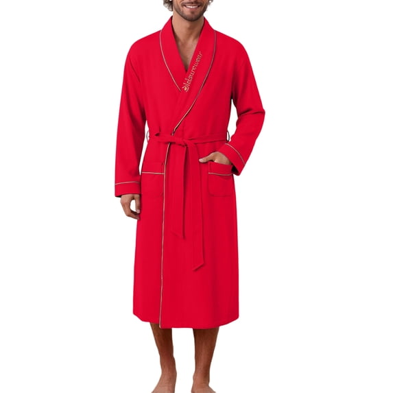 Men's Cotton Robe, Lightweight Soft Spa Shower Bathrobe for Men, Long Sleeve Shawl Collar Kimono Lounge Sleepwear with Pockets,Red