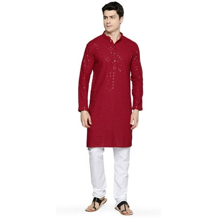 Men's Cotton Sequined Traditional Festival Kurta Pajama India Apparel (Maroon, M)
