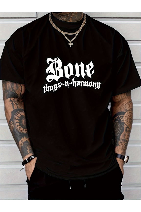 Men's Cotton-Shirt, 'Bone Thugs-N-Harmony' Letter Print, Casual Crew Neck Short Sleeve Summer Top, Suitable Daily Wear,, Sports, and Outdoor Activities, Cotton, Washable, 180g