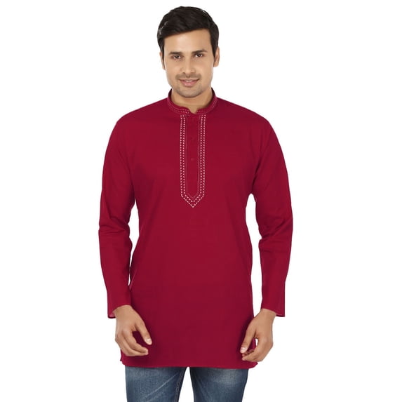 Men's Cotton Short Kurta Shirt Indian Clothing (Maroon, 4XL)