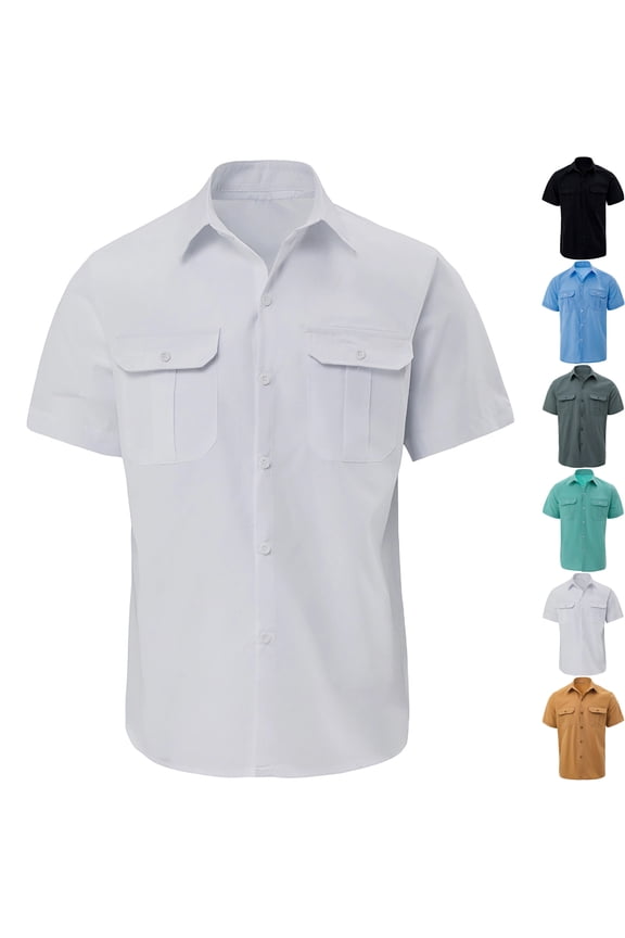 Men's Cotton Short Sleeve Button Down Shirts with Double Chest Pockets, Casual Work Shirts Summer Lightweight Breathable Collared Tops Soft Stretch Daily Office Uniform Workwear
