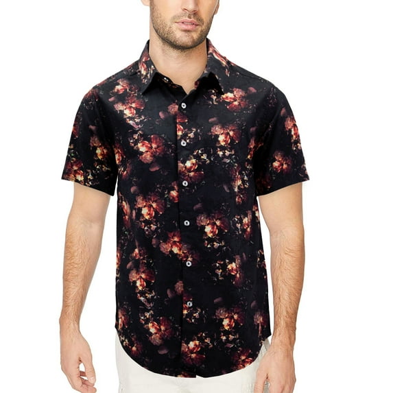 Men’s Cotton Short Sleeve Casual Button Down Floral Pattern Dress Shirt (#1 Black/Burgundy, 2XL)