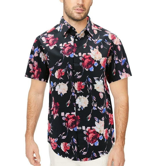 Men’s Cotton Short Sleeve Casual Button Down Floral Pattern Dress Shirt (#4 Black/Red, M)