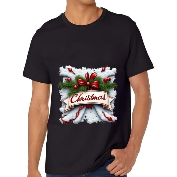 Men's Cotton Short Sleeve Christmas T-Shirt - Elegant Cursive ' Christmas ' Banner with Red Bow & Pine Branches Design