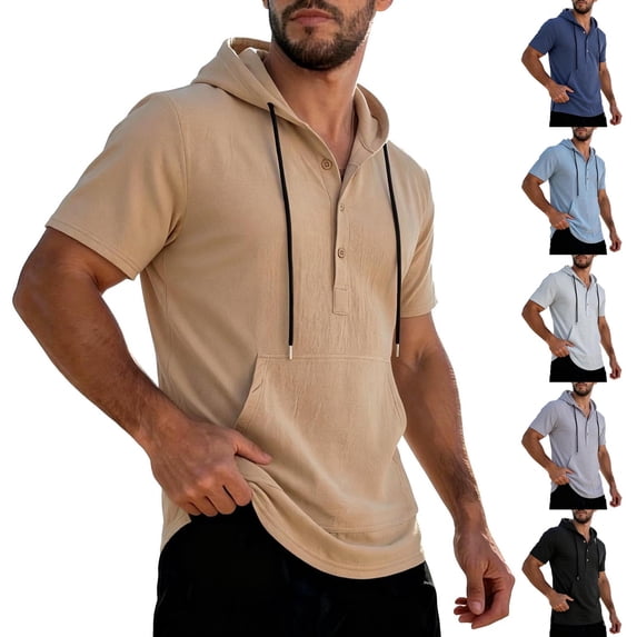 Men's Cotton Short Sleeve Hooded T-Shirt, Solid Color Casual Tee with Pocket, Button Down Closure, Soft Breathable Fabric, Daily Wear Streetwear Gym Vacation, Beach | Zenithor,Navy L