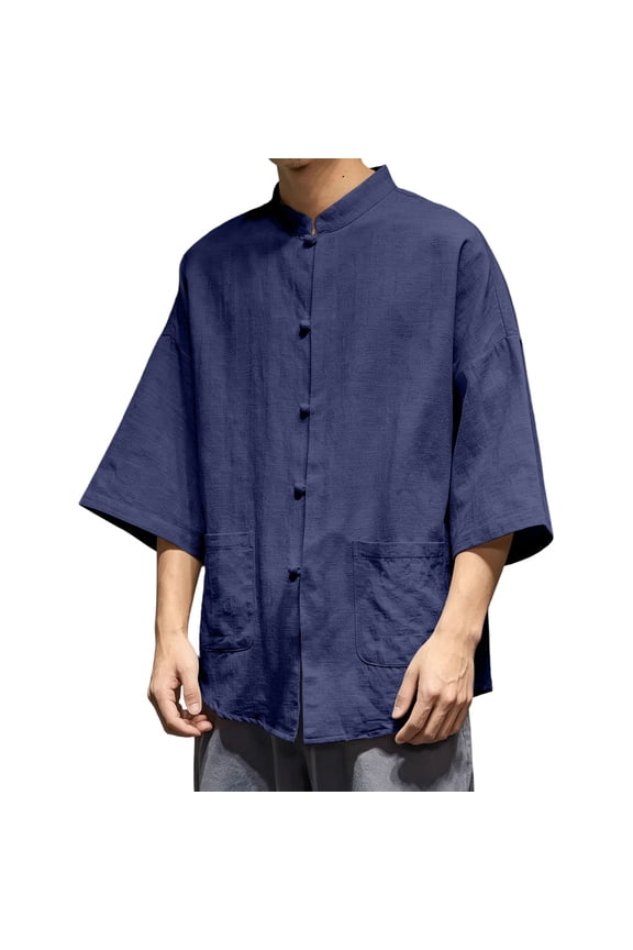 Men's Cotton Short Sleeve Knot Button Down Kimono Shirt Mandarin Collar Loose Fit Hippie Casual Ethnic Boho Tops for Summer Daily Wear