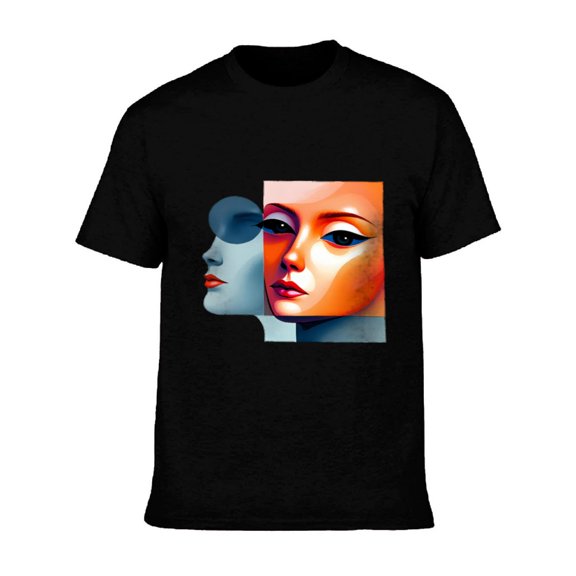 Men's Cotton Short Sleeve T-Shirt - Abstract Dual Face Design in Blue & Orange Modern Graphic Tee Vibrant Colors on Black Background